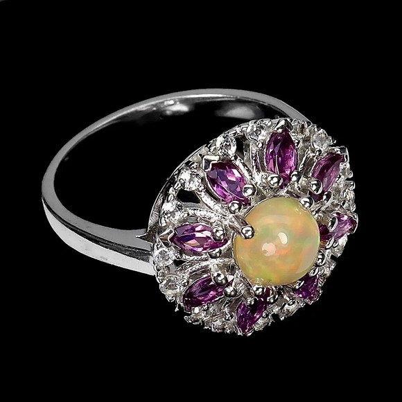 Natural Fire Opal 6mm, Rhodolite & White Topaz 925 Sterling Silver Ring Sz 6.75 - Picture 3 of 4